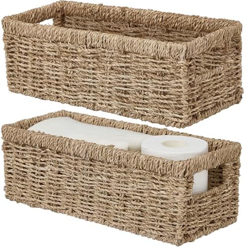 Vagusicc Wicker Storage Basket, Hand-Woven Seagrass Wicker Baskets with Handles, Toilet Paper Basket for Toilet Tank Top, Small Wicke Baskets for Organizing Shelves, 2-Pack, Seagrass by Vagusicc