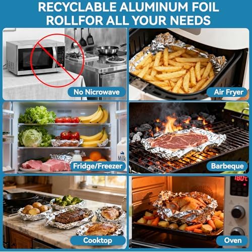 Aluminum Foil Roll, 12in x 500Sq Ft Aluminum Foil, Thick Strong Tin Foil with Cutter, Food Safe Cling Wrap for Cooking, Baking, Roasting, Grilling, Freezer Storage - Image 6