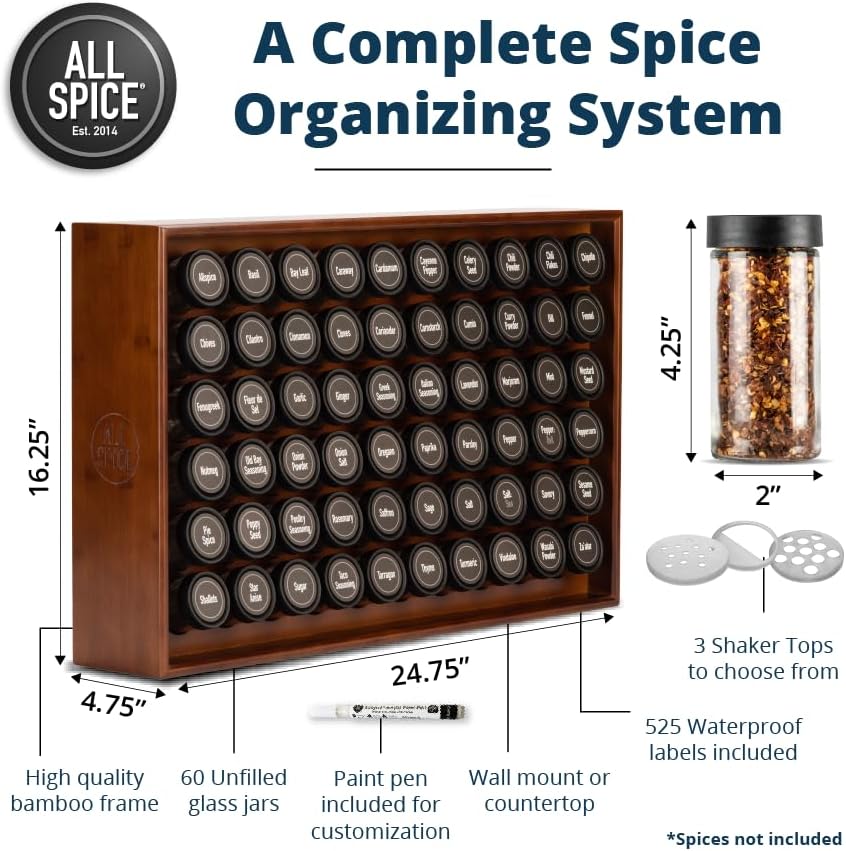 AllSpice Spice Rack Organizer, Wood, 525 Unique Labels, Countertop or Wall Mount, Includes 60 4oz Jars- Walnut Stain - Image 3
