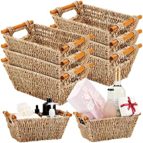Marsui 6 Pcs Small Hand Woven Wicker Baskets with Wooden Handles, Seagrass Rattan Storage Baskets Bin Organizer Shelf Pantry for Bathroom Storage Towel Kitchen Washroom Gifts Decor, 9" x 6" x 4" by Marsui