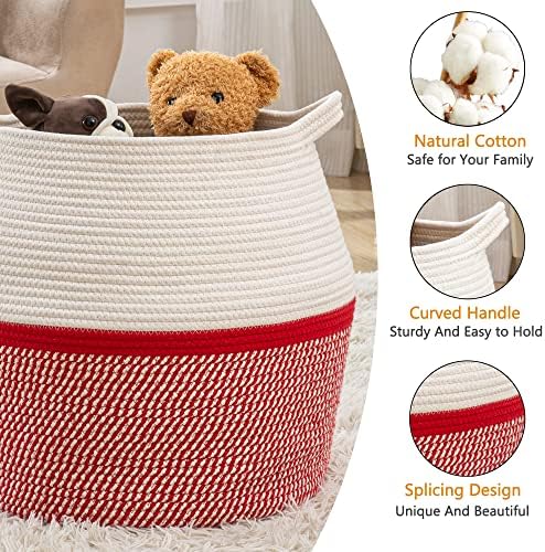 KAKAMAY Woven Baskets for Storage(17"x17"),Large Cotton Rope Woven Baby Laundry Hamper,Collapsible Laundry Basket, Blanket Basket for Organizing Living Room,Nursery,Pillows,Toy Chest(Red) - Image 2
