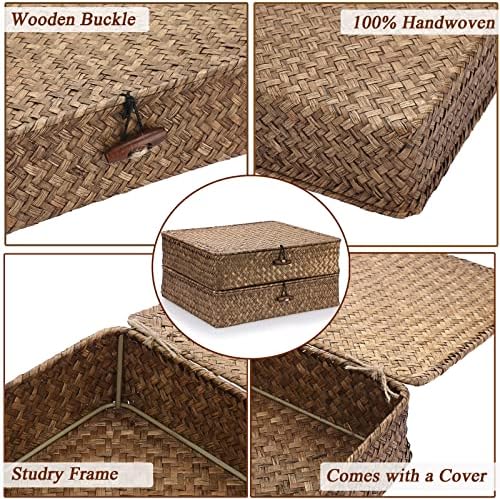 Hipiwe 2 Packs FLat Woven Wicker Basket Bin with Lid, Large Seagrass Baskes - Image 6