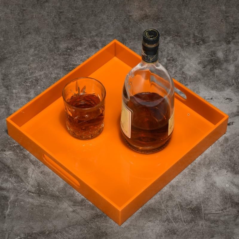 KEVLANG Orange Sturdy Acrylic Serving Tray with Handles-12x12Inch-Serving Coffee,Food,Breakfast,Butler-Kitchen Countertop Tray-Makeup Drawer Organizer-Vanity Table,Ottoman Tray-Decorative Tray - Image 7