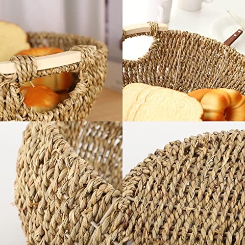 KINGWILLOW 13.39" Seagrass Woven Round Basket with Wooden Handles - Image 4