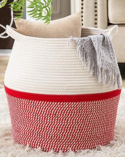 KAKAMAY Woven Baskets for Storage(17"x17"),Large Cotton Rope Woven Baby Laundry Hamper,Collapsible Laundry Basket, Blanket Basket for Organizing Living Room,Nursery,Pillows,Toy Chest(Red) by KAKAMAY