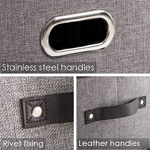 PRANDOM Larger Collapsible Storage Bins for Closet [3-pack] Decorative Linen Fabric Storage Baskets Cubes with Leather/Metal Handles for Living Room Cloth Grey and Black Trim (17.3x12.2x10.4 Inch) - Image 4