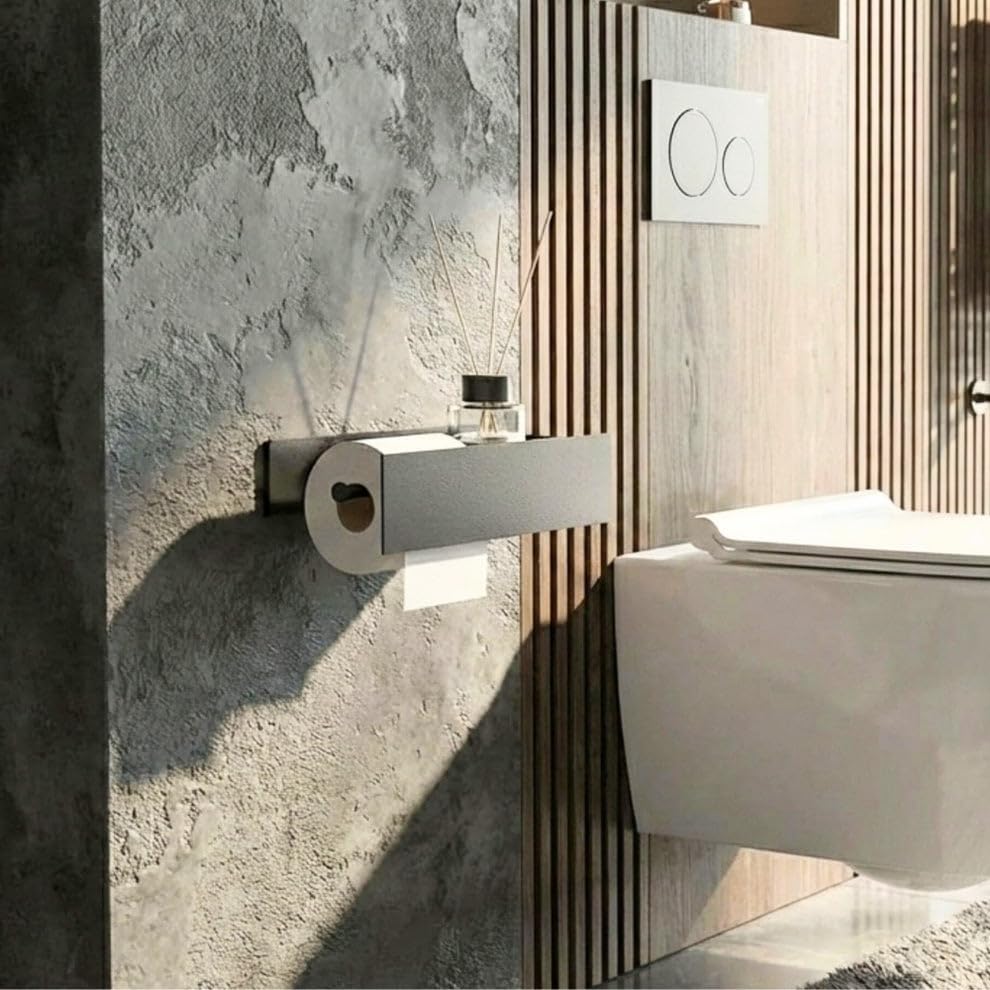 GRANDMIX Wall Mounted Toilet Paper Holder with Shelf – Modern Matte Black Metal Bathroom Tissue Roll Holder with Storage Tray for Phone, Air Freshener & Accessories - Image 5