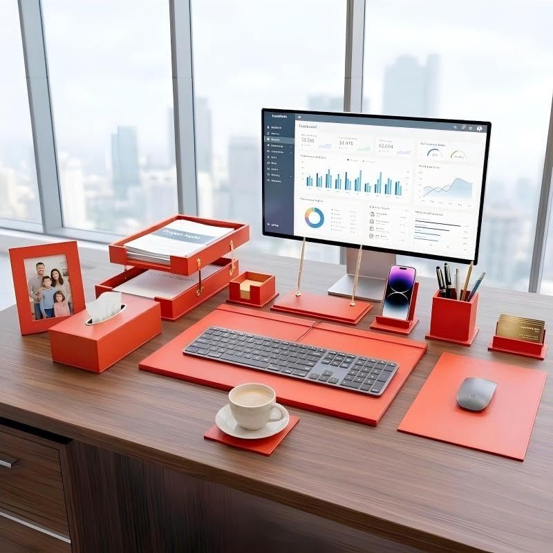 Luxury Executive Leather Desk Organizer Set –13-Piece Office Desk Accessories with Desk Pad, Letter Tray, Phone Stand, Pen Holder & Coasters – Professional Office Desk Decor & Gift (Orange) by RitPin