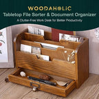 Rustic Wooden Desk Organizer - Vertical File Sorter with 3 Compartments & 1 Paper Tray Drawer - Mahogany Wood - Image 2
