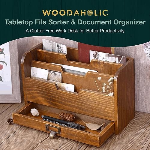 Rustic Wooden Desk Organizer - Vertical File Sorter with 3 Compartments & 1 Paper Tray Drawer - Mahogany Wood - Image 2