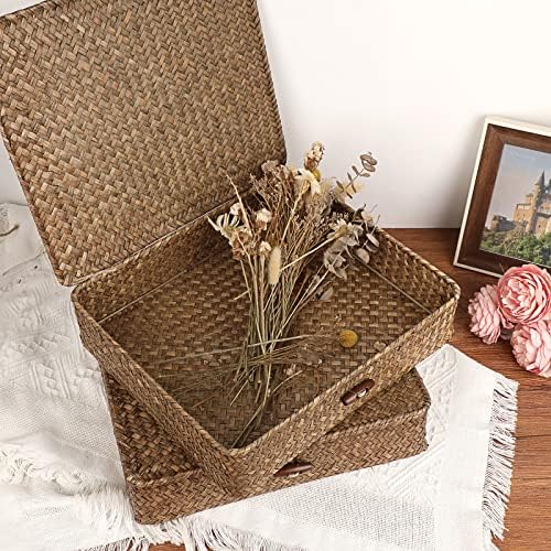 Hipiwe 2 Packs FLat Woven Wicker Basket Bin with Lid, Large Seagrass Baskes - Image 4