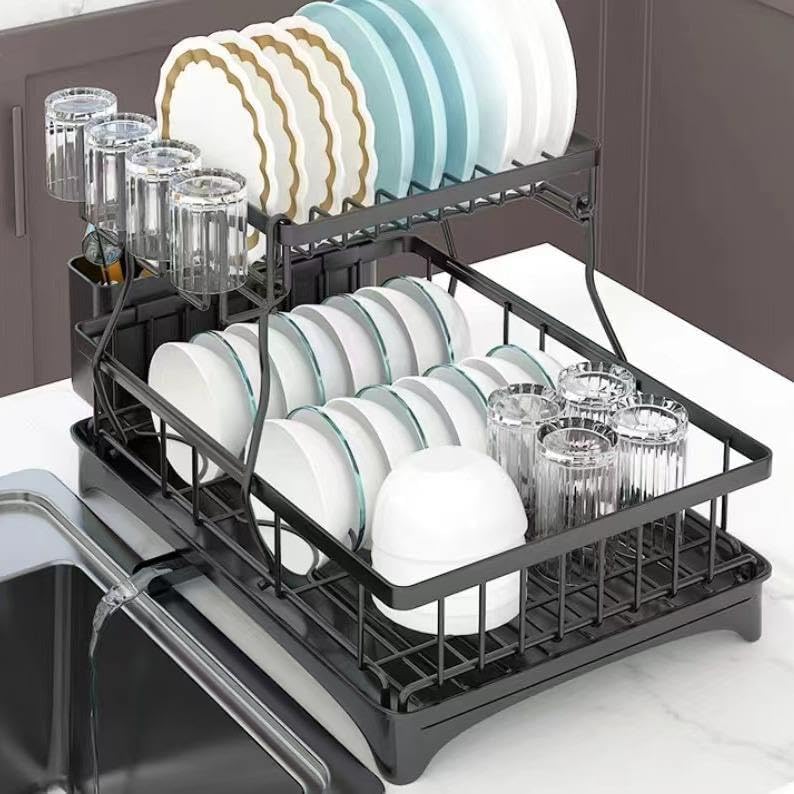 2 Tier Dish Drying Rack Stainless Steel with Auto Drainboard 360° Swivel Spout Large Capacity Kitchen Counter Organizer with Utensil Holder Cup Rack Knife Block Space Saving Black - Image 5