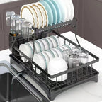 2 Tier Dish Drying Rack Stainless Steel with Auto Drainboard 360° Swivel Spout Large Capacity Kitchen Counter Organizer with Utensil Holder Cup Rack Knife Block Space Saving Black - Image 5