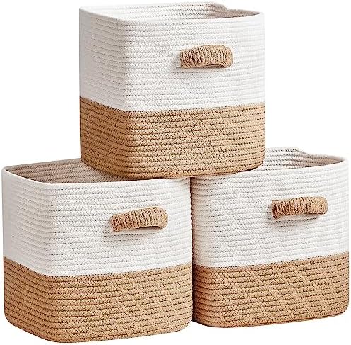 R RUNKA Storage Cube Baskets for Organizing -3 Pack -11 inch Square Baskets for Cube Storage, Closet Storage Bins-Woven Cube Storage Bins for Shelves- Ideal for Toy Storage |White & Khaki by RRUNKA