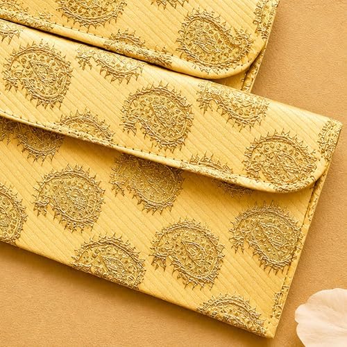 LoveNspire Brocade Fabric Money Envelopes (7.5 x 3.5 Inch) Decorative Paisley Pattern Shagun Lifafa for Indian Wedding, Birthday | Cash Gift Holder & Home Savings Organizer Yellow/Pack of 10 - Image 3