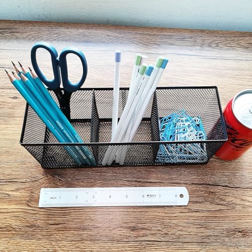 2-Pack Metal Mesh Pencil Holder, Spacious 3-Compartment Desk Organizer for Pens, Makeup Brushes, Utensils, Desktop Storage for Home, Office, School, Kitchen, 10.43x3.35x4.04 Inch, Black - Image 5