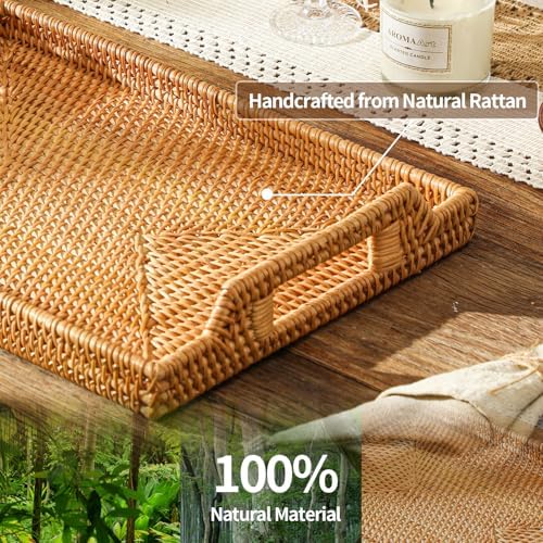 14.5'' Rattan Serving Tray Rectangle with Handles, Vintage Wicker Table Tray for Decor, Boho Hand Woven Seagrass Coffee Table Basket Tray for Ottoman, Breakfast, Bathroom, Outdoor - Image 6