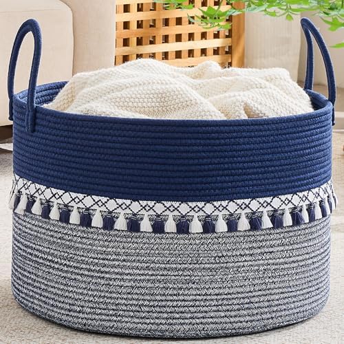 KAKAMAY Large Blanket Basket with Handles, Storage Basket for Living Room by KAKAMAY