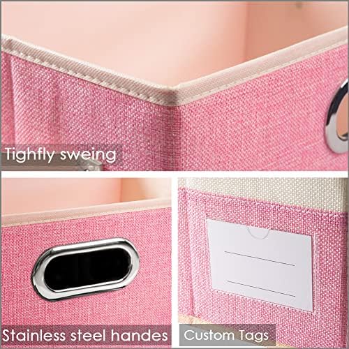 PRANDOM Large Collapsible Storage Baskets for Closet [3-pack] Decorative Fabric Storage Bins Cubes with Leather/Metal Handles for Shelves Bedroom Living Room Pink&Cream (14.9x9.8x8.3 Inch) - Image 3