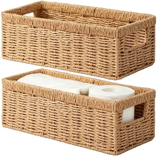 Vagusicc Wicker Storage Basket, Paper Rope Wicker Baskets with Handles, Toilet Paper Basket for Toilet Tank Top, Small Wicke Baskets for Organizing Shelves, 2-Pack, Natural by Vagusicc