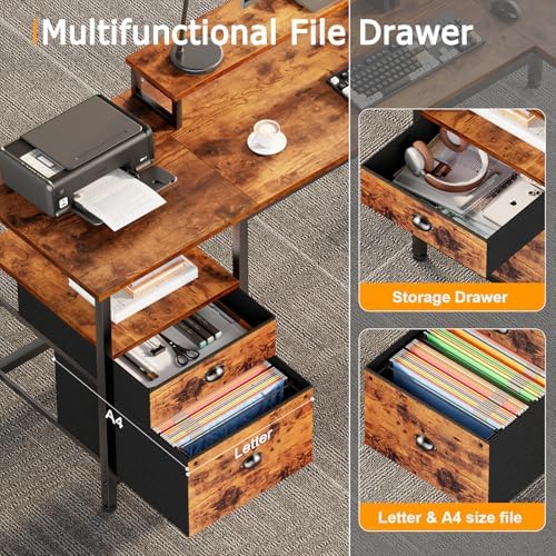 Furologee 66'' L Shaped Desk with Power Outlet and 2 Drawers, Rustic Brown - Image 6
