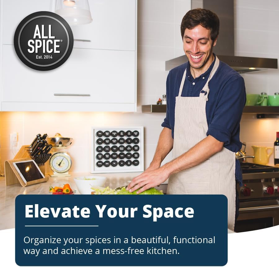 AllSpice Spice Rack Organizer, Wood, 525 Unique Labels, Countertop or Wall Mount, Includes 30 4oz Jars- Matte White - Image 2