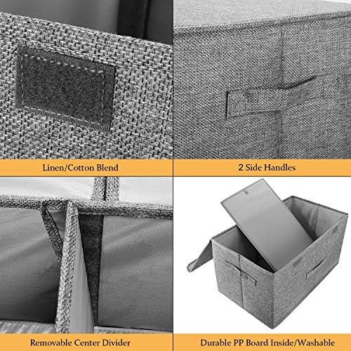 2 Pack Large Storage Boxes with Lids and Handles, Collapsible Linen Storage Bins Organizer Containers Baskets Cube with Removable Divider for Home Bedroom Closet Office (Khaki, Large) - Image 2