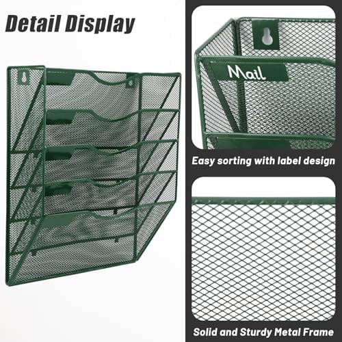 EASEPRES 5 Pocket Mesh Hanging File Organizer, Wall Mounted Mail Paper Document Folder Holder, Clipboard Storage Organization Magazine Rack with Nametag Label for Office Home School, Dark Green - Image 3