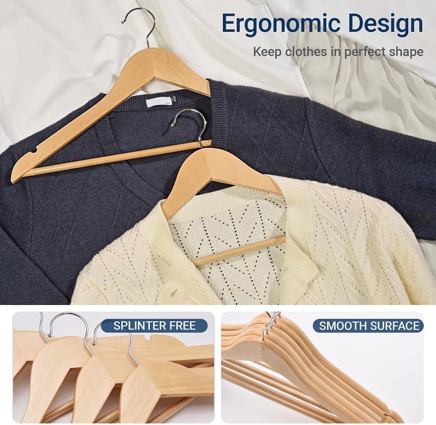 Amber Home 30 Pack Natural Wooden Coat Hangers, Wood Suit Hangers - Image 3
