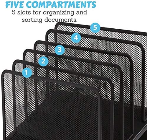 1InTheOffice Metal Mesh File Organizer, Black Wire Mesh 5 Section Incline Sorter, Black Finish - Image 6