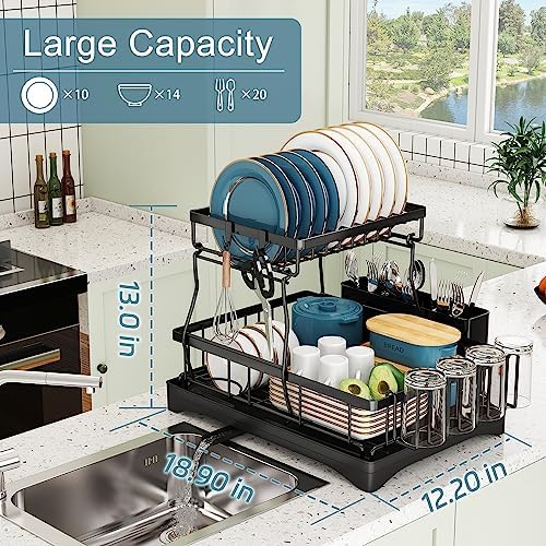 Dish Drying Rack, 2 Tier Dish Racks for Kitchen Counter | Large Stainless Steel Kitchen Dish Drying Rack with Drainboard, Detachable Dish Drainers with Utensil Holders - Image 2