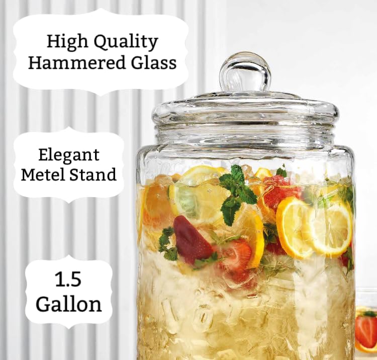 3 Gallon Classic Hammered Glass Ice Cold Beverage Drink Dispenser - With Glass Lid 100% Leak Proof Spigot- Wide Mouth Easy Filling For Outdoor, Parties & Daily Use - Image 5
