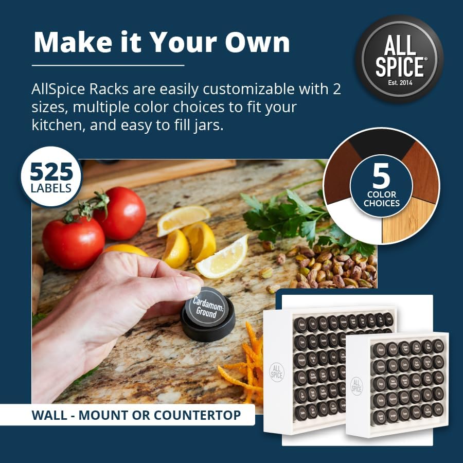 AllSpice Spice Rack Organizer, Wood, 525 Unique Labels, Countertop or Wall Mount, Includes 30 4oz Jars- Matte White - Image 4