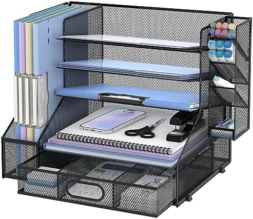 Desk Organizer with 5 Tier File Holder and Sliding Drawer Pen Holder Black by SUPEASY