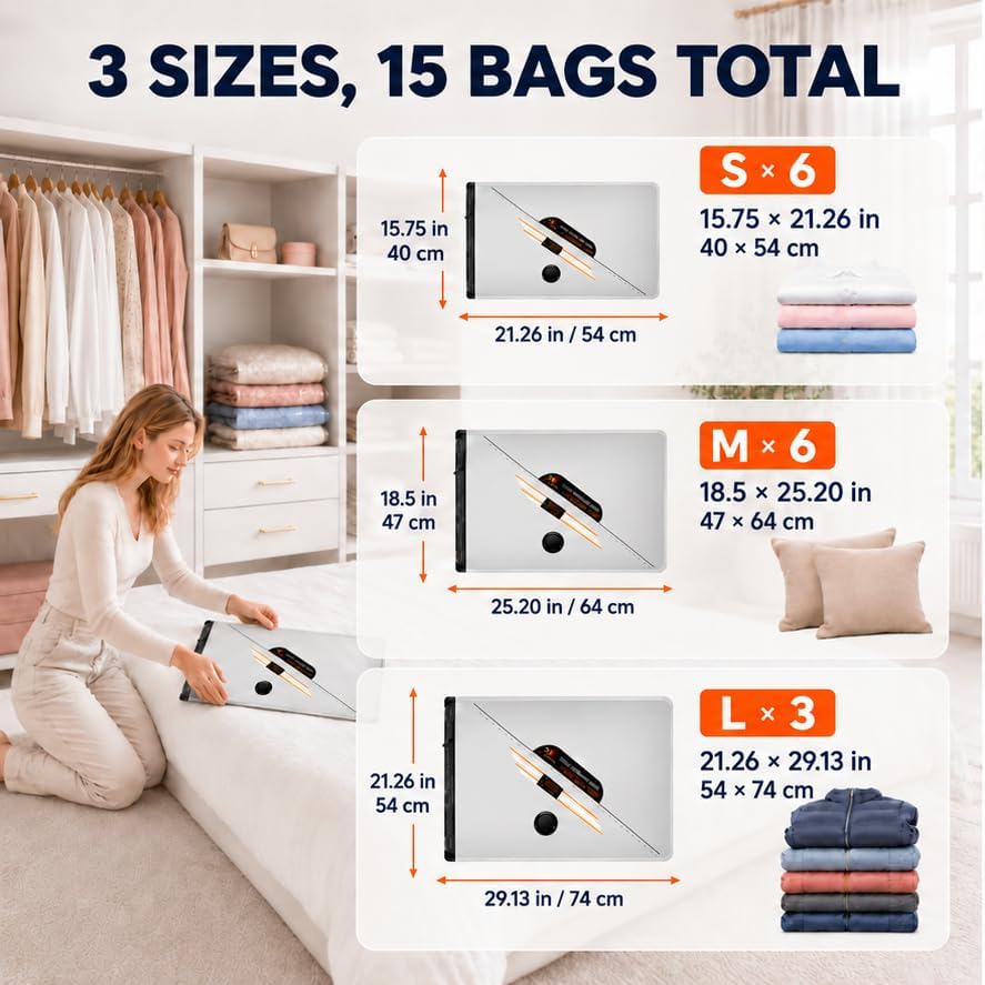15 Pack Vacuum Storage Bags with Rechargeable Electric Pump, 3 Sizes - Image 2
