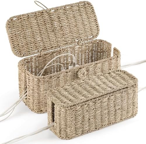 Bluewest 2-Pack Cable Management Box with Lids, Rattan Cord Organizer by BLUEWEST