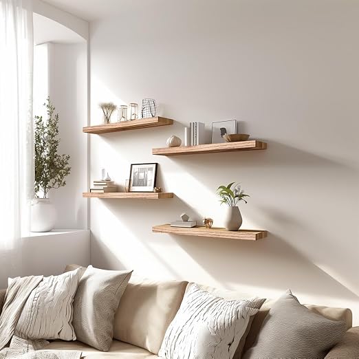 PHPH Wood Floating Shelves for Wall, Wooden Wall Shelves for Bedroom, Set of 6 Light Brown 17 Inch - Image 4