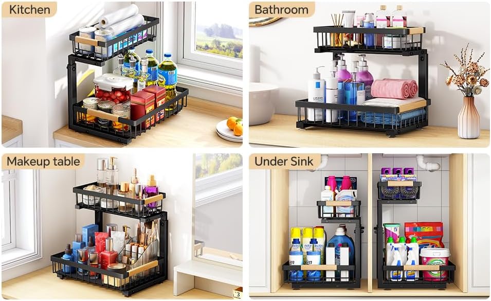 PXRACK Under Sink Organizer, Adjustable Height, 2 Tier Pull Out Under Cabinet Organizer, Slide Out Thickened Metal Under Sink Storage for Kitchen Bathroom Laundry Pantry Cabinet, Black, Small-2-Pack - Image 7