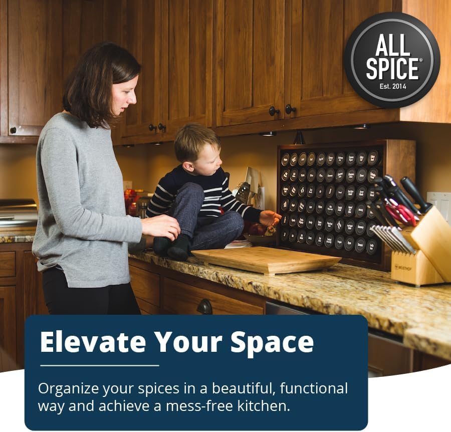AllSpice Spice Rack Organizer, Wood, 525 Unique Labels, Countertop or Wall Mount, Includes 30 4oz Jars- Walnut Stain - Image 2