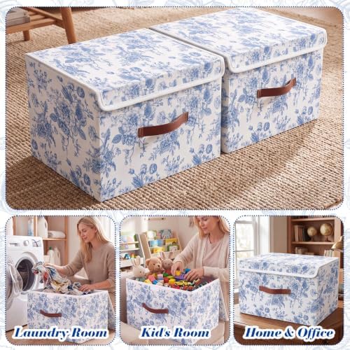 2 Pack Blue Floral Storage Bin with Lids, 17x11x12 Inch - Image 6