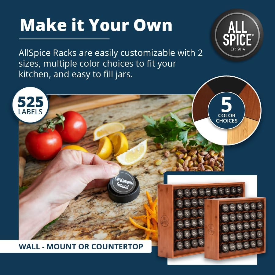 AllSpice Spice Rack Organizer, Wood, 525 Unique Labels, Countertop or Wall Mount, Includes 30 4oz Jars- Cherry Stain - Image 4