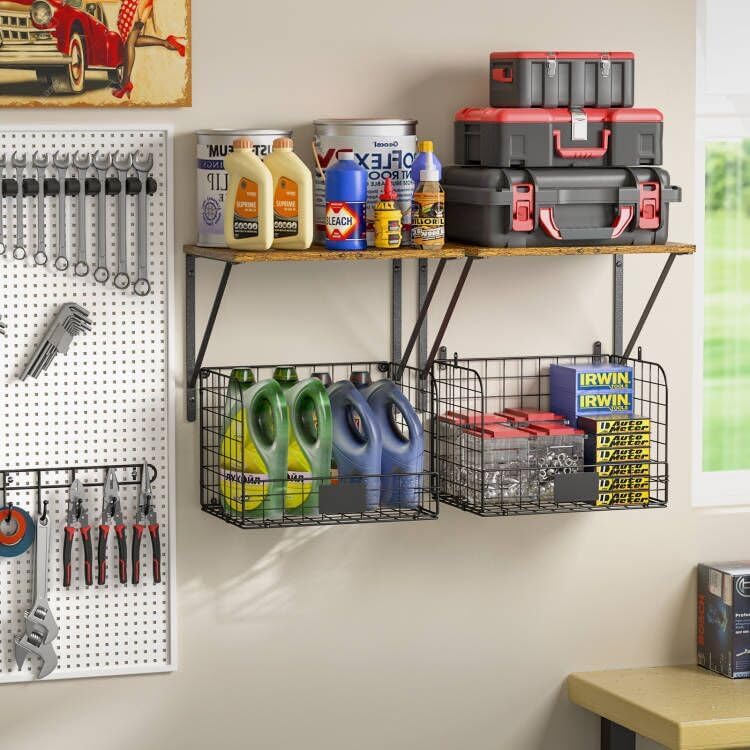 ThreeHio 2 Pack Garage Shelves Wall Mounted with Wire Storage Baskets, Heavy Duty Garage Wall Shelving with Hooks, Wooden Floating Shelves Tool Organizer for Home Garden Garage Organizers and Storage - Image 4