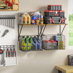 ThreeHio 2 Pack Garage Shelves Wall Mounted with Wire Storage Baskets, Heavy Duty Garage Wall Shelving with Hooks, Wooden Floating Shelves Tool Organizer for Home Garden Garage Organizers and Storage - Image 4