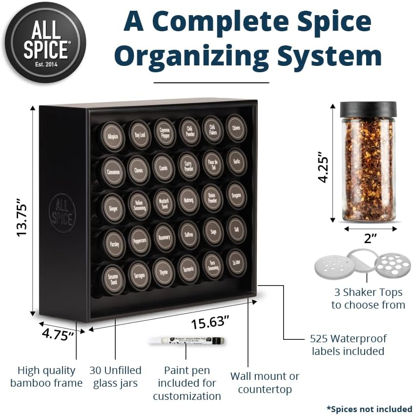 AllSpice Spice Rack Organizer, Wood, 525 Unique Labels, Countertop or Wall Mount, Includes 30 4oz Jars- Matte Black - Image 3