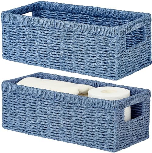Vagusicc Wicker Storage Basket, Paper Rope Wicker Baskets with Handles, Toilet Paper Basket for Toilet Tank Top, Small Wicke Baskets for Organizing Shelves, 2-Pack, Blue by Vagusicc
