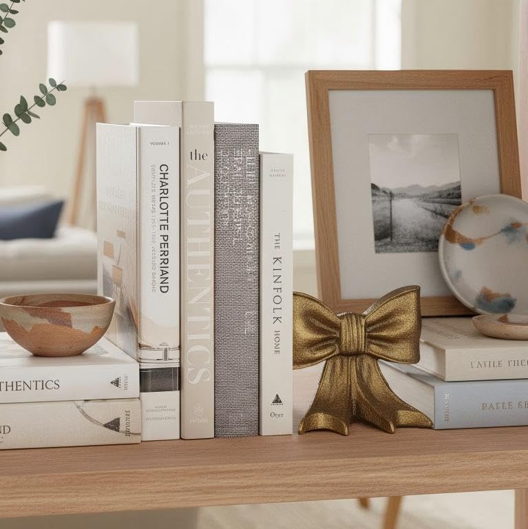 Gold Bow Metal Bookends Set of 2 Heavy Duty Cast Iron Book Ends for Heavy Books Unique Modern Decorative Book Holders for Shelves Home Accent Decor - Image 6