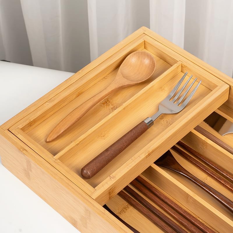 Bamboo Expandable Flatware Drawer Organizer Stackable Bamboo Silverware Drawer Organizer – 2-Tier Kitchen Utensil Tray with Compartments - Image 4