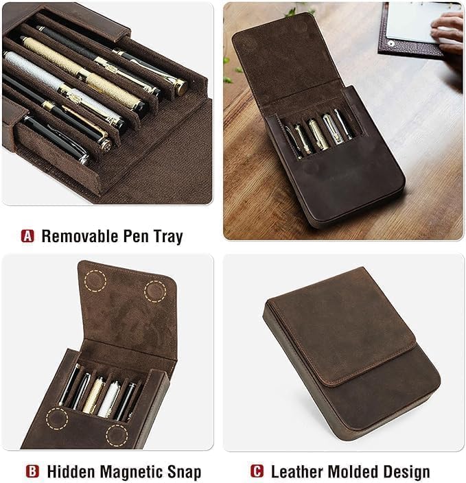 Leather Fountain Pen Case Collector Organizer,Pencil Case Handmade Pen Protective Sleeve (Magnetic 6 slots) - Image 5