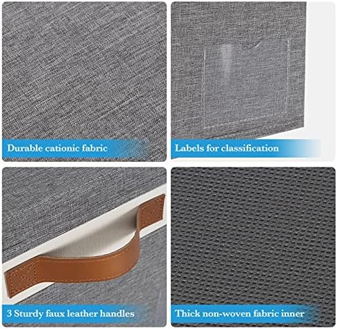 Large Storage Bins with Lids, Foldable Fabric Storage Baskets with Lids, Sturdy Storage Boxes with Labels and 3 PU Handles for Closet Home Bedroom Office (26L, 3 Packs, Grey&White) - Image 4