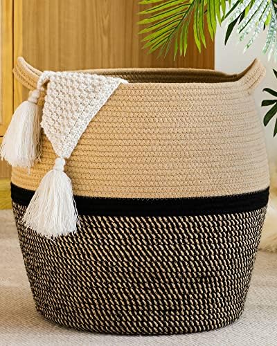 KAKAMAY Woven Baskets for Storage(17"x17"),Large Cotton Rope Woven Baby Laundry Hamper,Collapsible Laundry Basket, Blanket Basket for Organizing Living Room,Nursery,Clothes,Toy chest (Black) by KAKAMAY